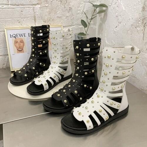 Shoes Woman 2021 Summer New Style Rivet Roman Flat Open-toe Sandals Hollow Out Leisure Luxury Fashion