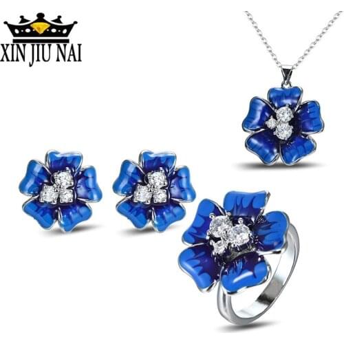 2020 Hot New Arrivals Personalized Luxury Vintage Exquisite Blue Enamel Color Flower Womens Prom Jewelry Set