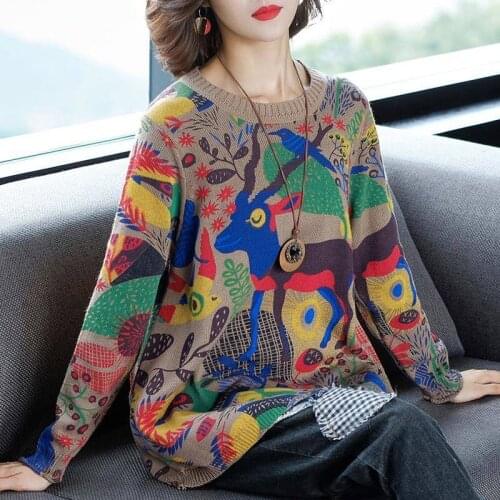 Printed Large Size Loose Knit Sweater Female Stretch Long Sleeve Round Neck Cute Wind Bottoming Jumpers Pullovers Women Spring