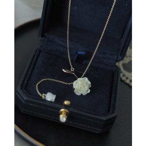 Ckysee 925 Sterling Silver White Rose Flower Pendant Necklace Gold Necklace Female Hand-made Vintage Necklace