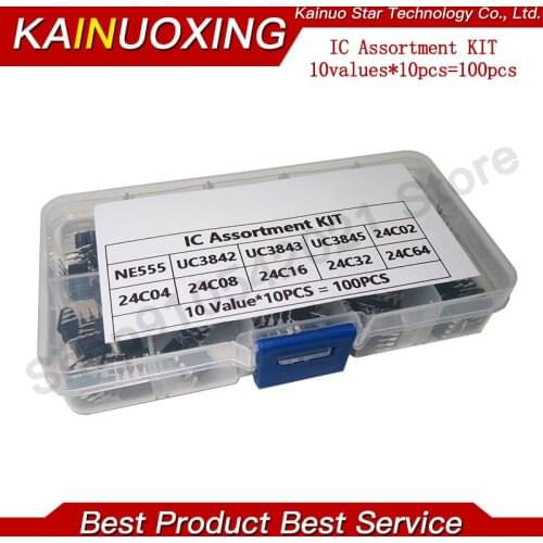 100PCS Each 10PCS NE555 UC3842 UC3843 UC3845 24C02 24C04 24C08 24C16 24C32 24C64 DIP IC Assortment Kit with Box