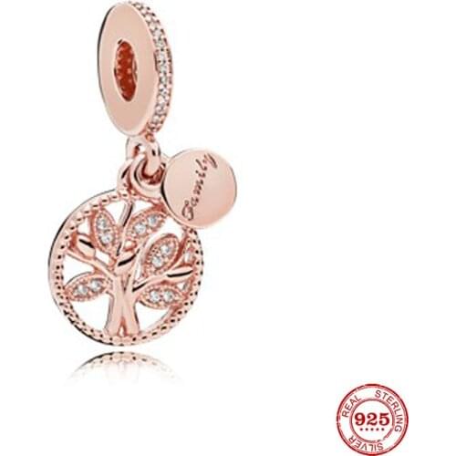 New Original Rose Gold Family Tree Dangle Bead Charm Fit European Pandora Charms Bracelet Bangles Diy Jewelry P026-R