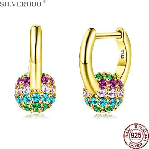 SILVERHOO 925 Sterling Silver Earrings Rainbow Color Zircon Round Stud Earring For Women Luxury Fine Jewelry Best Gift To Friend