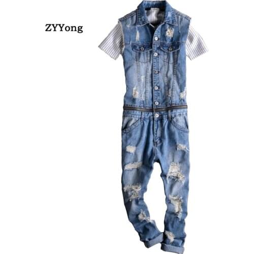 Summer Sleeveless Lapel Overalls Mens Denim Jumpsuit Hole Hip-Hop Ripped Waist Detachable Jeans Casual Blue Pants Trousers