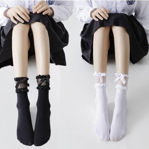 Lolita Lace Bowknot Transparent Hollow Cute Glass Silk Summer Thin Velvet Black and White Calf Socks College Wind Short Socks