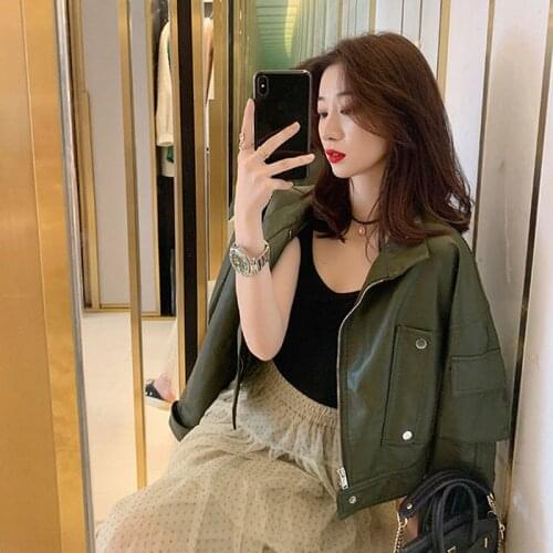 Korean Long sleeve leather Jacket Women Faux PU Moto Biker Jacket Casual Stand collar Big pocket Green Streetwear Female Coat