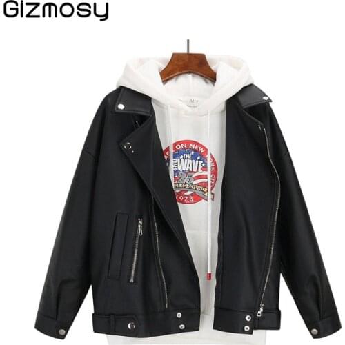 Leather Womens Short Jacket Spring Autumn Zipper Loose Motorcycle Clothing PU Leather Fashion Female Black Punk Bomber Faux