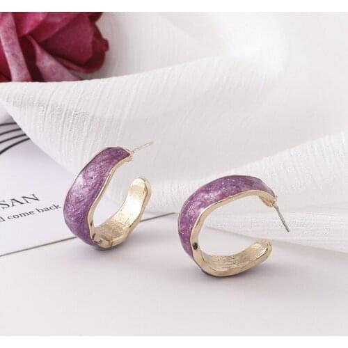 Minimalist Glitter Purple Enamel C Shape Hoop Earrings Gold Color Alloy Circle Open Statement Earrings for Women Party Jewelry