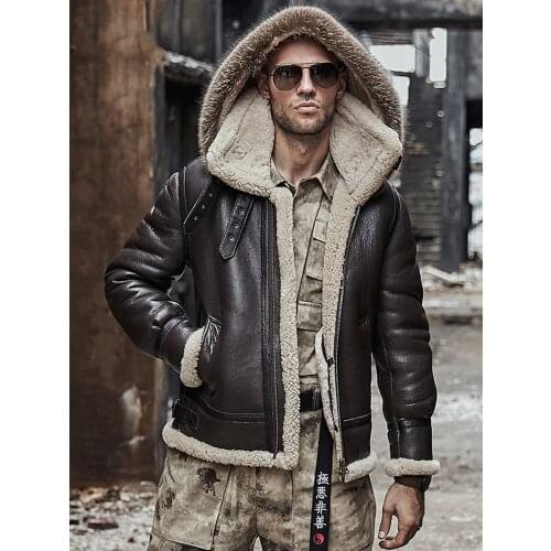 2020 New Mens Sheepskin Shearling Jacket Detachable Hooded B3 Flight Jacket Raccoon Fur Collar Aviator Coat
