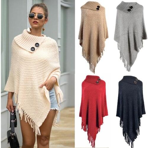 Women Pretty Tassel Cape Shawl Button Half Open Collar Cloak Pure Color Pullover Knitted Sweater Ladies Stylish Bat Knit Manteau