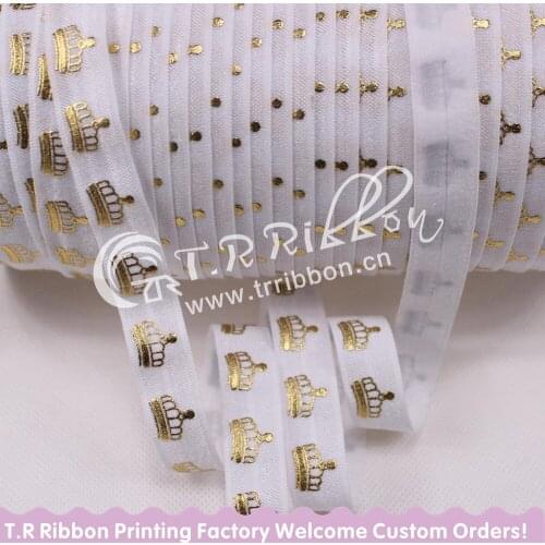 New design!! 50 yards per lot gold foil crown printed foe elastic 029 white for girls