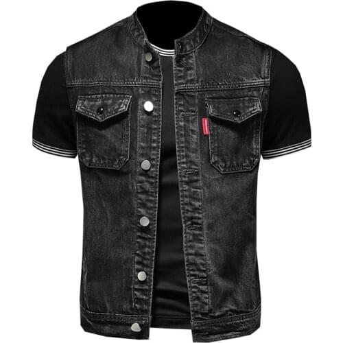 Autumn men black stand collar plus size denim vest Streetwear Button Coats Sleeveless Jeans Jacket pockets Waistcoat M-5XL