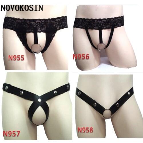 KH54 2018 Leather Sexy Lace Jock Open Crotch Erotic Lingerie Rivet Bulge Pouch Thongs G-strings Gay Men Underwear Male Panties