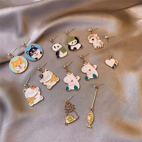 Cute Panda Dog Cat Unicorn Pendant Earrings For Women Girls Fashion Cartoon Animal Charms Stud Ear Jewelry Gifts 2 pieces