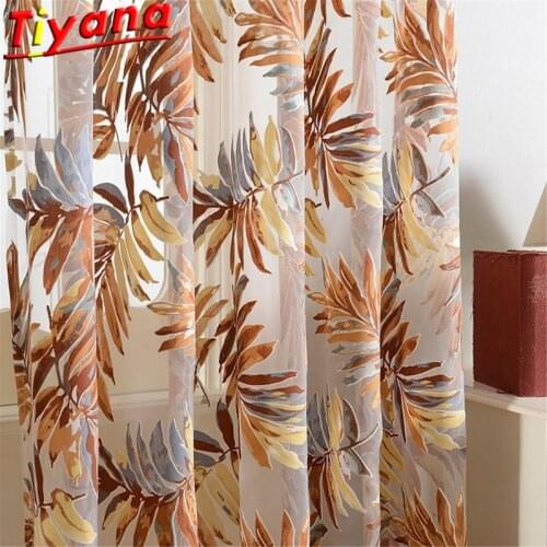 Tropical Rainforest Brown Leaf Printed Yarn Curtains for Living Room leaves Sheer Yarn for Balcony HM717#VT
