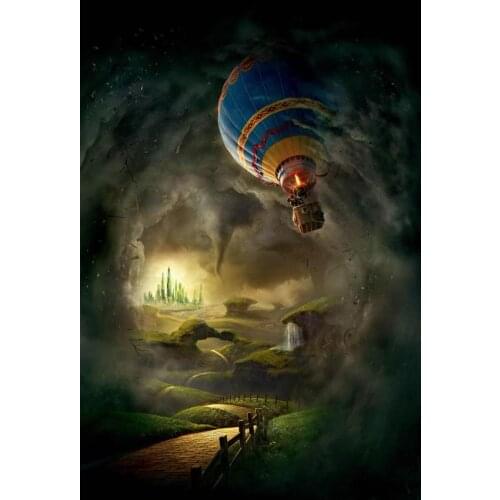 Magic World Photography Background Green Palace And Hot Air Balloon In The Dark Mist Backdrop For Customized Photoshoot Props