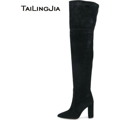 Tailingjia 2020 Ladies Large Size Winter Shoes Pointed Toe Black Faux Suede Chunky High Heel Thigh High Boots For Women