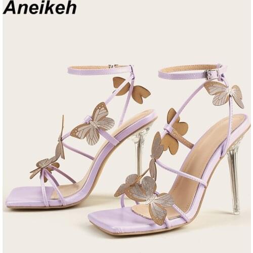 Aneikeh Sandalias Mujer 2020 Appliques Butterfly Narrow Band Fashion Sweet High Heels Womens Shoes Purple Summer Head Peep Toe