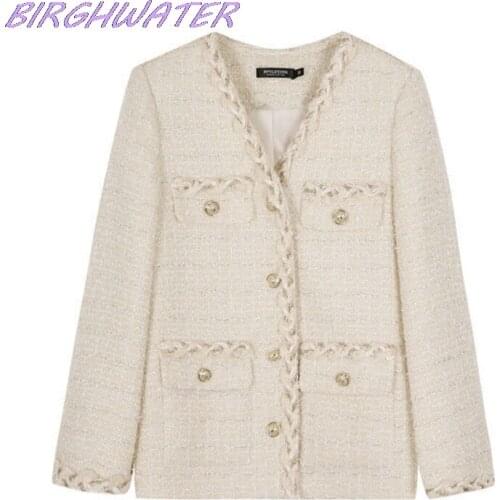 2021 Women Tweed Jackets Autumn Fashion Buttons V-Neck Suit Outwear Female Korean Elegant Office Lady Jacket Blazer Coats