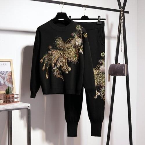 Knitted Outfits Women Handwork Beading Phoenix Embroidery Sweater Pencil Pants Two Piece Set Female Loose Fashion Knitting Suit