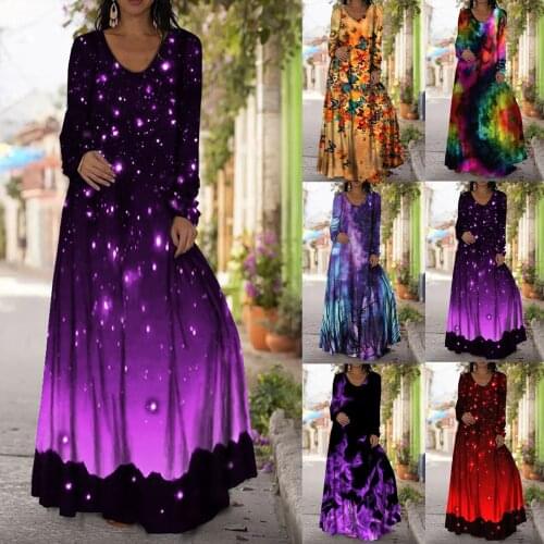 2021 Fashion Stitching Hanging Dye Printing One-piece Long Dress Women Loose Casual long sleeve V-neck maxi Dress large plus