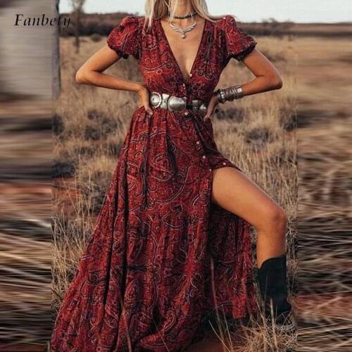 Autumn Vintage Pattern Printed Women Hem Split Long Dress Elegant Fashion Button Design Party Dresses Ladies Casual Loose Dress