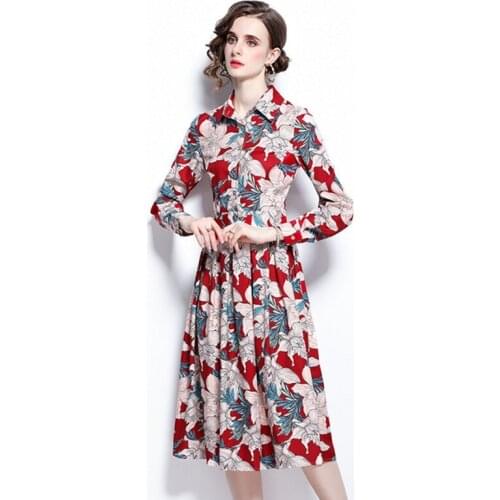 2021 Summer Fashion Runway Floral Elegant Dress long Sleeve turn down Neck Flower Print casual dress Vestidos