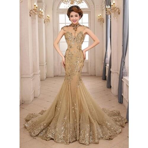 Vestido De Festa 2018 Long Gold Mermaid Evening New High Neck Appliques Lace Prom gown Open Back mother of the bride dresses