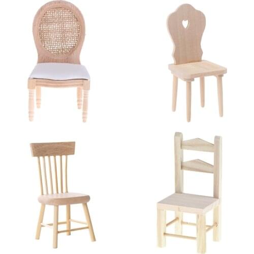 1Pc 1/12 Dolls Miniature Furniture Wooden Unpainted Dining Chair For Dollhouse Decor