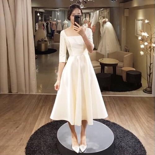2020 Simple Tea Length Wedding Dresses With Half Sleeves White Ivory Korea Bridal Dress A Line Wedding Gowns Custom Made