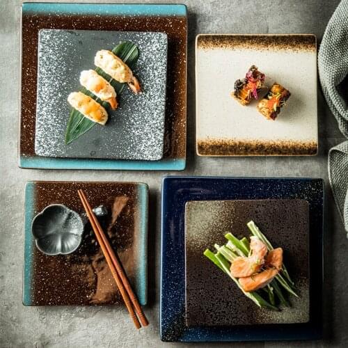 6/8/10 inch square ceramic dinner plates Japanese restaurant dumplings sushi sashimi steak plate retro porcelain tableware