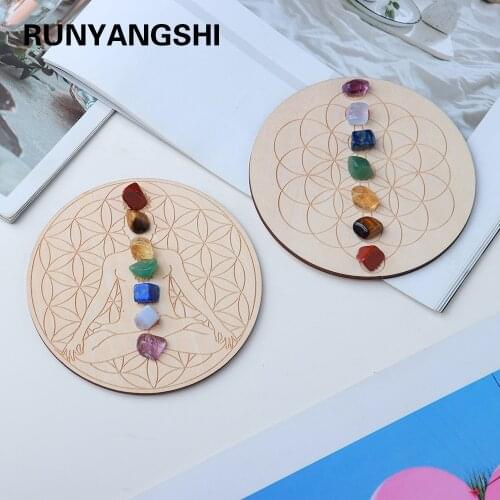 7pcs/set Natural Crystal seven Chakra Healing Stone with Wooden base Wood Plate crystal Gravel Chips Chakra Diy Custom made