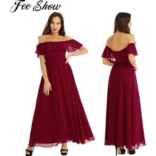 Women Ladies Elegant Off the Shoulder Wedding Party Dress Ruffled Waist Side Split Chiffon Long Bridesmaid Maxi Dress Prom Gown