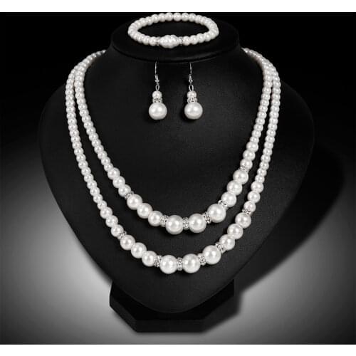 Double Simulated Pearls Short Necklace Earrings Bracelet Set Rhinestones Big Beads Jewelry Sets for Women