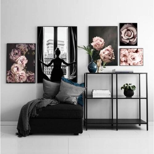 Canvas Print Painting Modern Living Room Decor Picture Scandinavian Fashion Poster Pink Flower Sexy Girl Nordic Style Wall Art