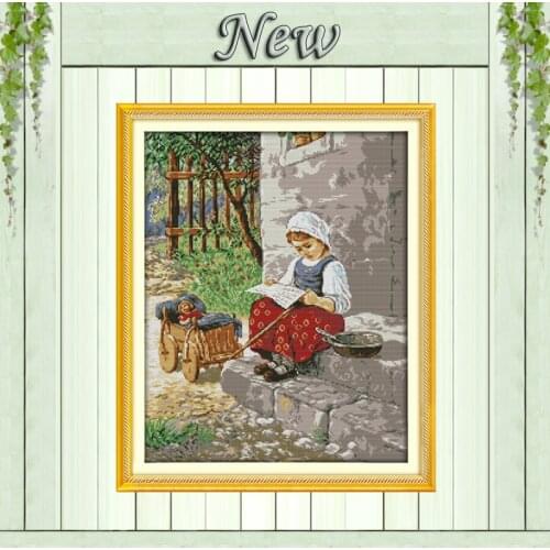 Peasant girl reading painting Counted Print on canvas DMC 11CT 14CT Cross Stitch kits Needlework Sets embroidery Home wall Decor