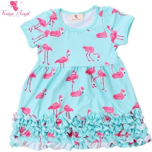 Kaiya Angel Summer Girls Dress Flamingos Kids Dresses For Girls With Ruffles Blue Baby Girl Clothes 2017 Kids Clothes Retail