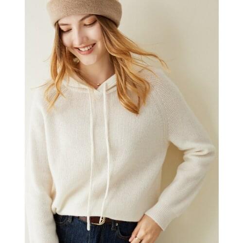 LONGMING Women Sweatshirt 100% Cashmere Hoodies Pullover Women Knitted Sweater Autumn Warm Wool Sweater Hooded Jumpers Solid