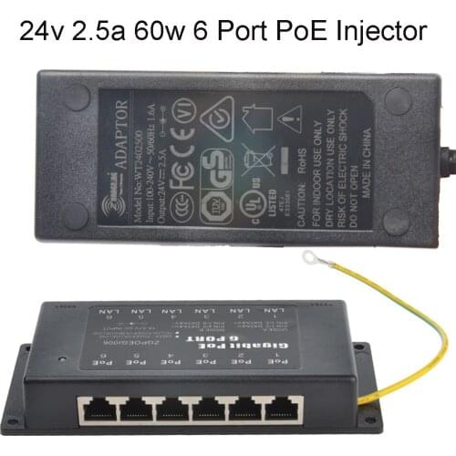 24 volt 60 watt Wall mount 6 Port Gigabit Power over Ethernet PoE Injector GPOE-6-24v60w Power AP