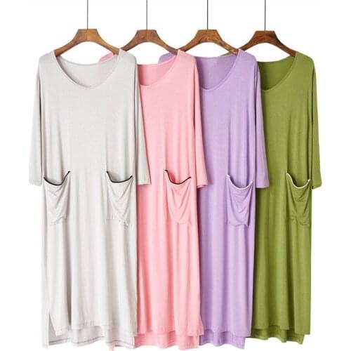 Plus Size Nightdress Homewear Loose Women Modal Pajamas Sleepdress Spring New Solid Long Sleepwear Women Nightgown With Pocket