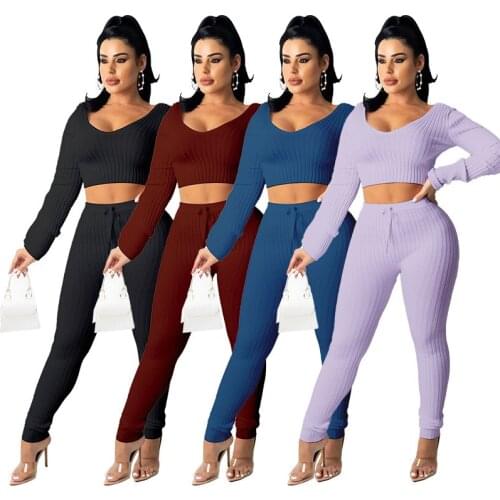 Autumn Casual Women Two Piece Set Knit Ribbed Solid Color Skinny Sportsuit Matching Set For Women Outfit