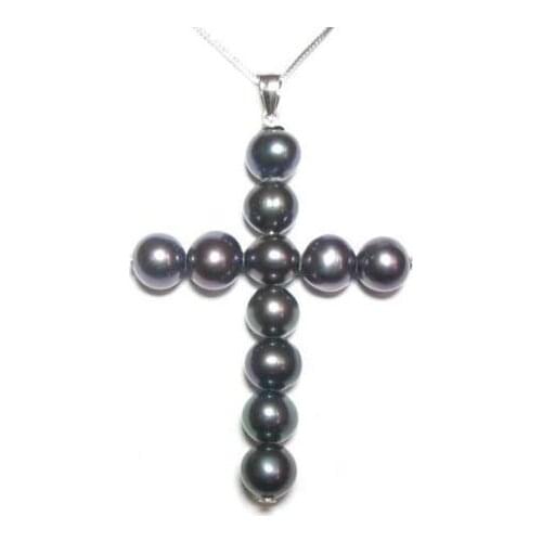 7-8MM BLACK TAHITIAN PEARL CROSS PENDANT NECKLACE 925silver WHITE