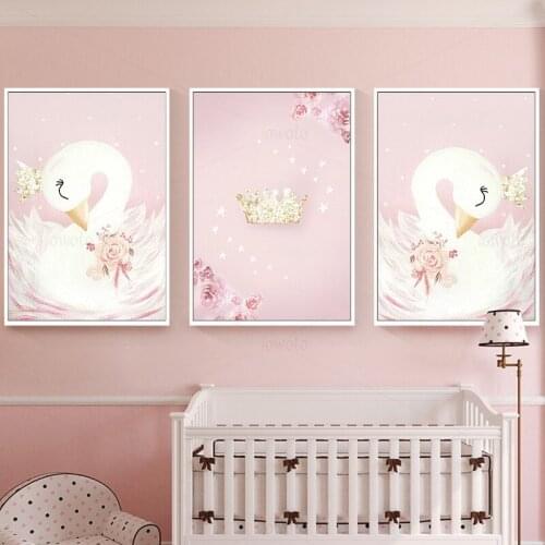 Little White Swan Posters And Prints Pink Nursery Flower Wall Art Picture Gold Crown Canvas Painting Princess Room Bedroom Decor