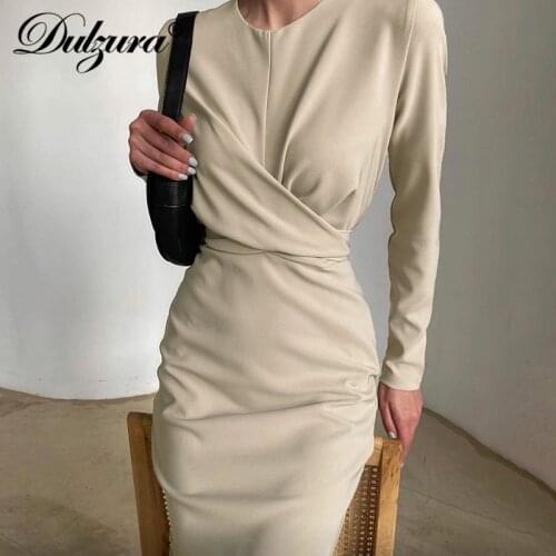 Dulzura Solid Women Long Sleeve Midi Dress Back Slit Cross O Neck Elegant Bodycon Slim Sexy Party 2021 Spring Summer Club