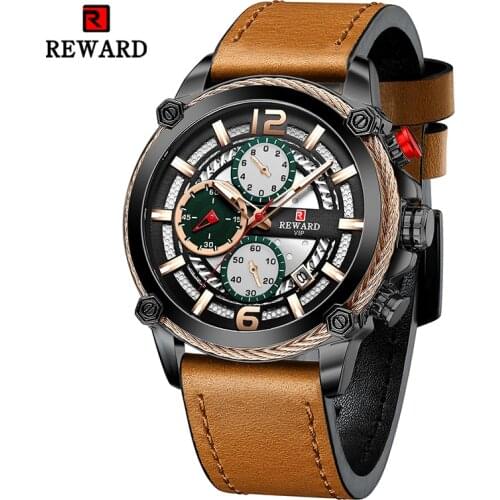Reward Mens Quartz Watch Business Genuine Leather Wristwatches Chronograph Luminous Scratch-Free Glass Wrist Watches for Male