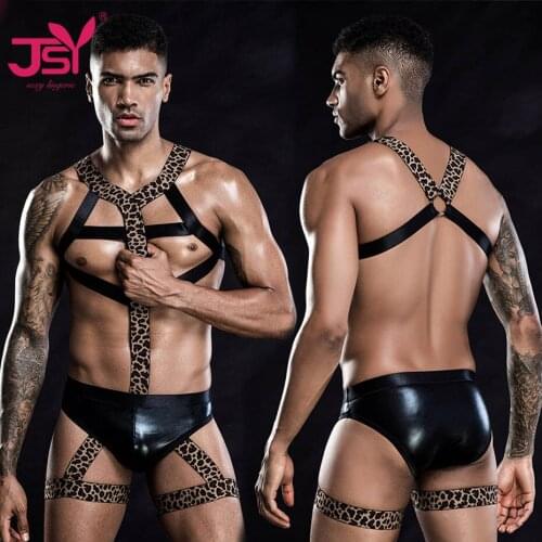 JSY Sexy Mens Vest Bodysuit Lingerie Leopard Hollow Out Jumpsuit Erotic Catsuit Teddies Lingerie Costumes Sexy Clubwear Outfits