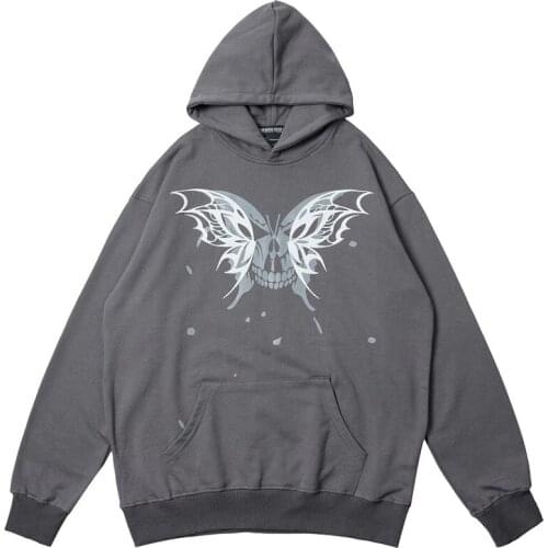 Street Casual Fashion Hoodie Jumper Top Hip Hop Hipster Streetwear Rock Punk Y2K Loose Skull Butterfly Print Hoodie Sweatshirt