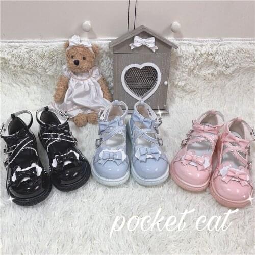 Pink Black Blue Bear Kawaii Lolita Shoes Japanese Sweet Girls Cute Round Head Bow Lolitas Womens Flats Student Jk Uniform Loli