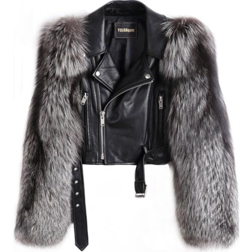 YOLOAgain Women Real Silver Fox Fur Sleeve Crocodile Pattern Genunie Leather Jacket Short