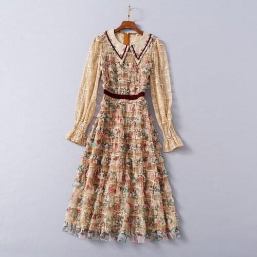 Womens American European and wear 2021 winter new style Trumpet long sleeve lapel Print Mosaic lace fashion dress